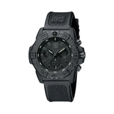 Three-quarter angle view of the Luminox Navy SEAL Men's 45mm Black Quartz Chronograph Watch XS.3581.BO showing the protected crown and chronograph pushers. This Navy SEAL Chronograph Blackout watch pairs a lightweight black CARBONOX™ case with an all-black dial.