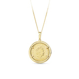 A 9ct yellow gold pendant shown front on, holding a 22ct yellow gold Queen Elizabeth II 2022 Sovereign coin, with a polished finish and a large enhancer clasp.