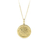 A 9ct yellow gold pendant shown front on, holding a 22ct yellow gold Queen Elizabeth II 2022 Sovereign coin, with a polished finish and an enhancer clasp.