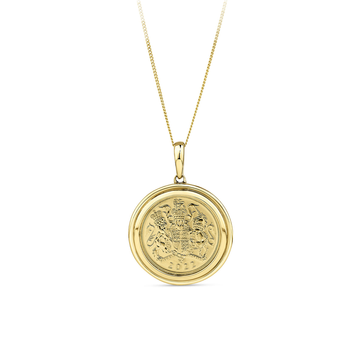 A 9ct yellow gold pendant shown front on, holding a 22ct yellow gold Queen Elizabeth II 2022 Sovereign coin, with a polished finish and an enhancer clasp.