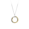 Front-on view of the Wallace Bishop Crossover Pendant in Sterling Silver & 9ct Yellow Gold, reference 35MIXP003, measuring 21 x 12mm. Two polished interlocking circles, one silver and one yellow gold, hang from a bale.