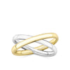 Front-on view of the Wallace Bishop Crossover Ring in Sterling Silver & 9ct Yellow Gold, reference 35MIXR003O. The ring features a classic crossover design combining polished silver and yellow gold.