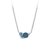 Front-on view of the Wallace Bishop Triplet Opal, Swiss Blue Topaz, London Blue Topaz & Lab-Grown-Diamond Cluster Necklace in Sterling Silver, reference 36NKCLUSS, on a 500mm (approximately 19.7 inch) cable chain. A round triplet opal sits in a claw set cluster with two blue topaz and a small lab-grown diamond.