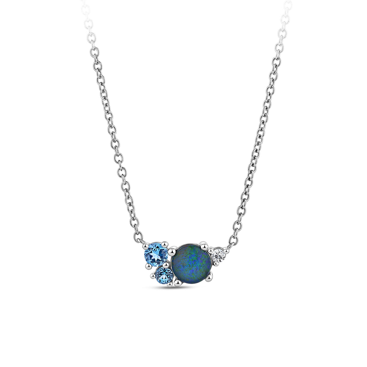 Front-on view of the Wallace Bishop Triplet Opal, Swiss Blue Topaz, London Blue Topaz & Lab-Grown-Diamond Cluster Necklace in Sterling Silver, reference 36NKCLUSS, on a 500mm (approximately 19.7 inch) cable chain. A round triplet opal sits in a claw set cluster with two blue topaz and a small lab-grown diamond.