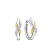 Front-on view of the Wallace Bishop 0.11 TDW Round Diamond Infinity Huggies in Sterling Silver & 9ct Yellow Gold, reference 37ERINFTY, with a hinged clasp. Each huggie features an infinity symbol with 9 round brilliant cut natural diamonds set into the silver half, totalling 18 diamonds across the pair.
