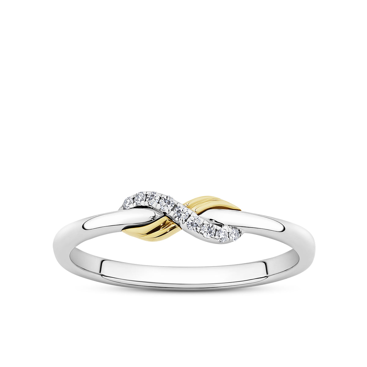 Front-on view of the Wallace Bishop 0.05 TDW Round Diamond Infinity Ring in Sterling Silver & 9ct Yellow Gold, reference 37RGINFTYO, on a plain polished band. The ring features an infinity symbol with 9 small round brilliant cut natural diamonds set into the silver half, and a plain yellow gold half.