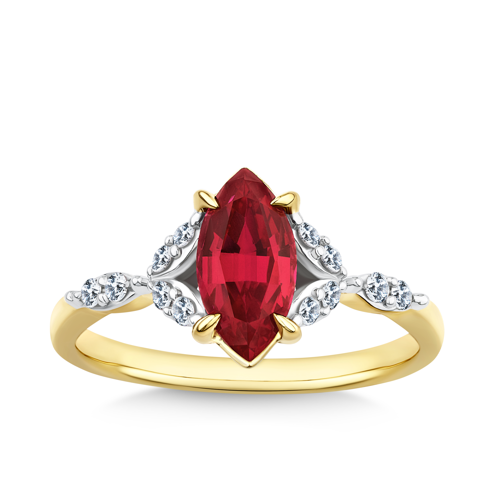 Marquise Created Ruby & Diamond Ring in 9ct Yellow Gold