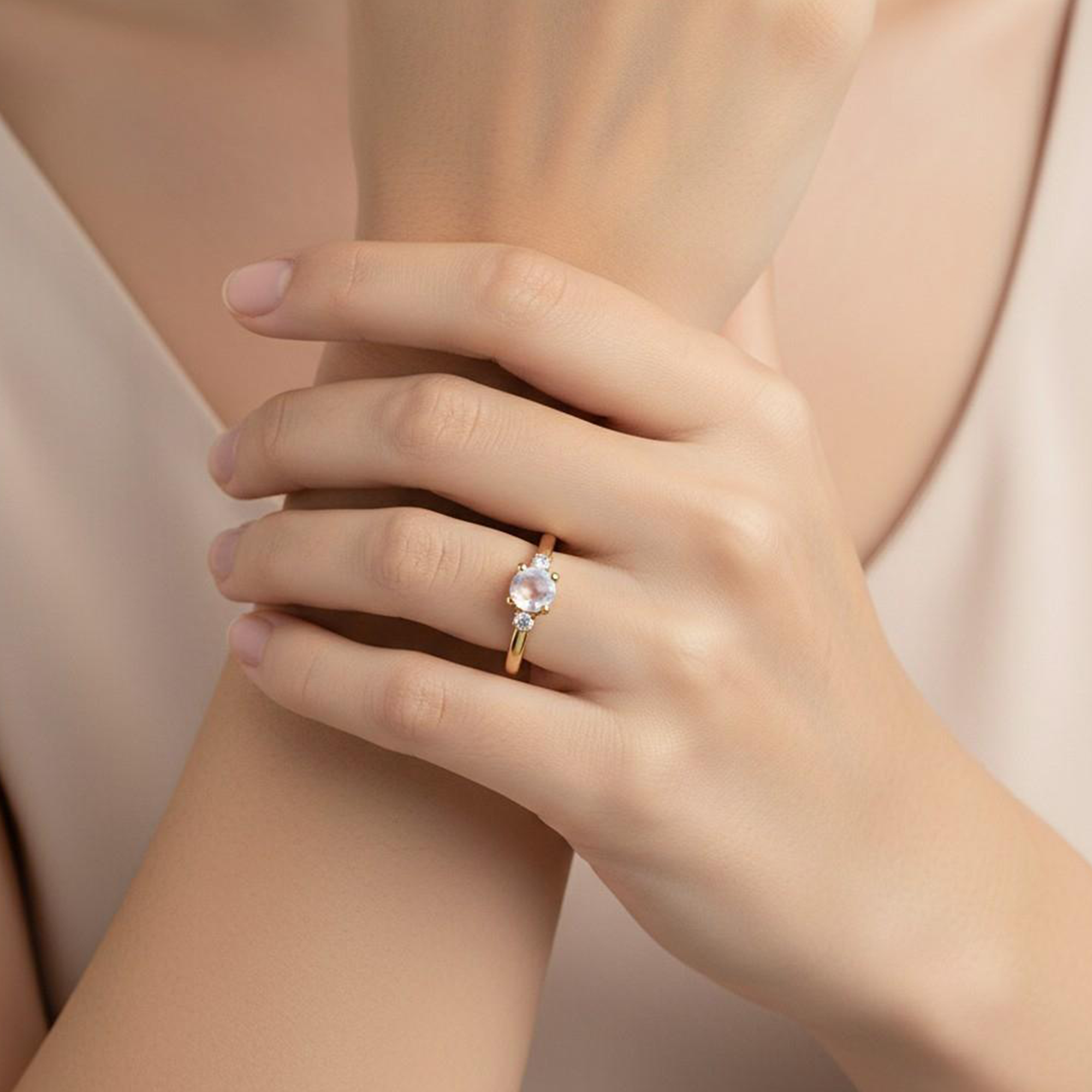 Moonstone and Diamond Trilogy Ring in 9ct Yellow Gold