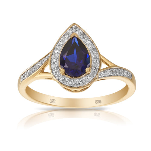 0.90ct TW Pear Cut Created Sapphire and Diamond Halo Ring in 9ct Yellow Gold