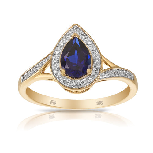 Pear Cut Created Sapphire and Diamond Halo Ring in 9ct Yellow Gold