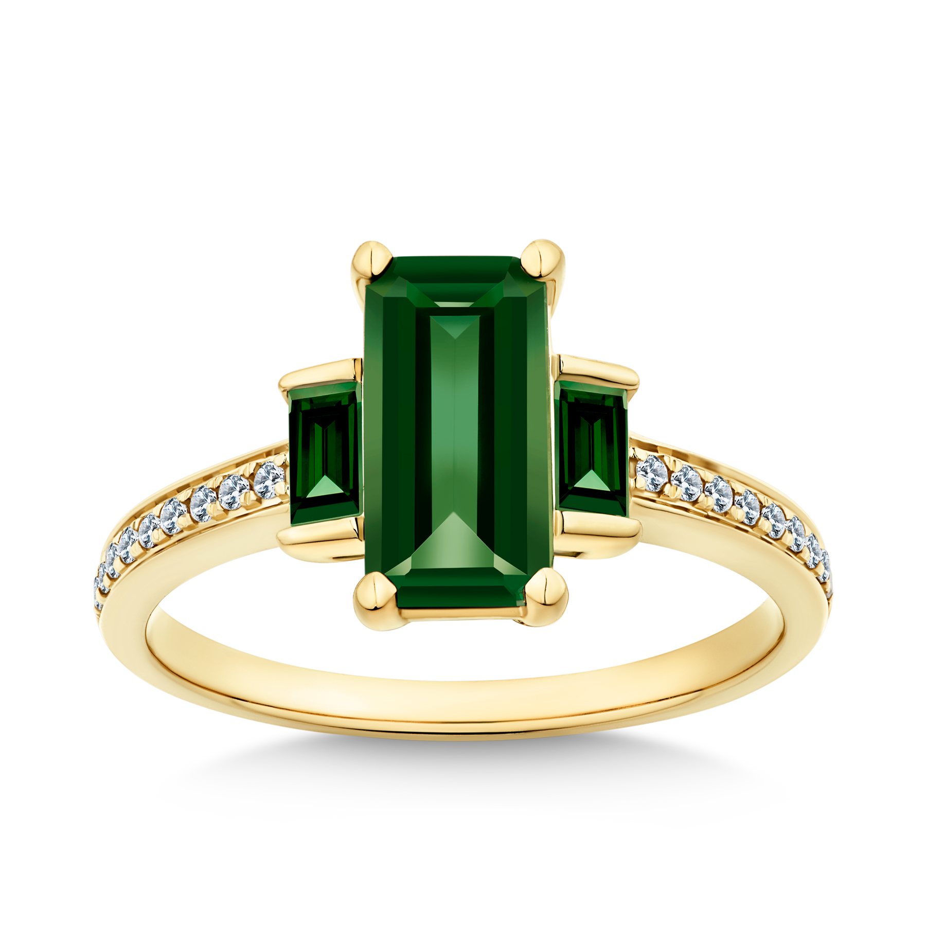 Created Emerald & Diamond Trilogy Ring in 9ct Yellow Gold