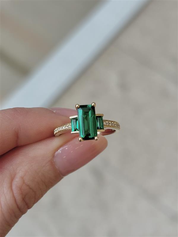 Created Emerald & Diamond Trilogy Ring in 9ct Yellow Gold