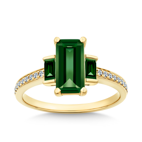 Created Emerald & Diamond Trilogy Ring in 9ct Yellow Gold