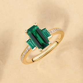 Created Emerald & Diamond Trilogy Ring in 9ct Yellow Gold