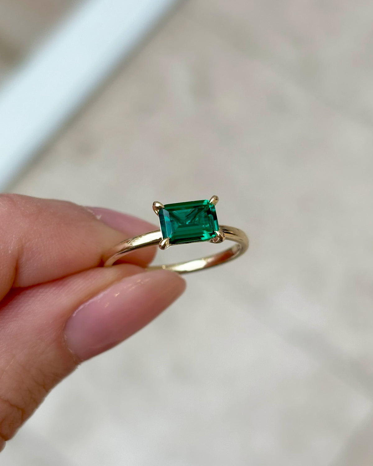 Created Emerald Rectangular Claw Set Ring in 9ct Yellow Gold