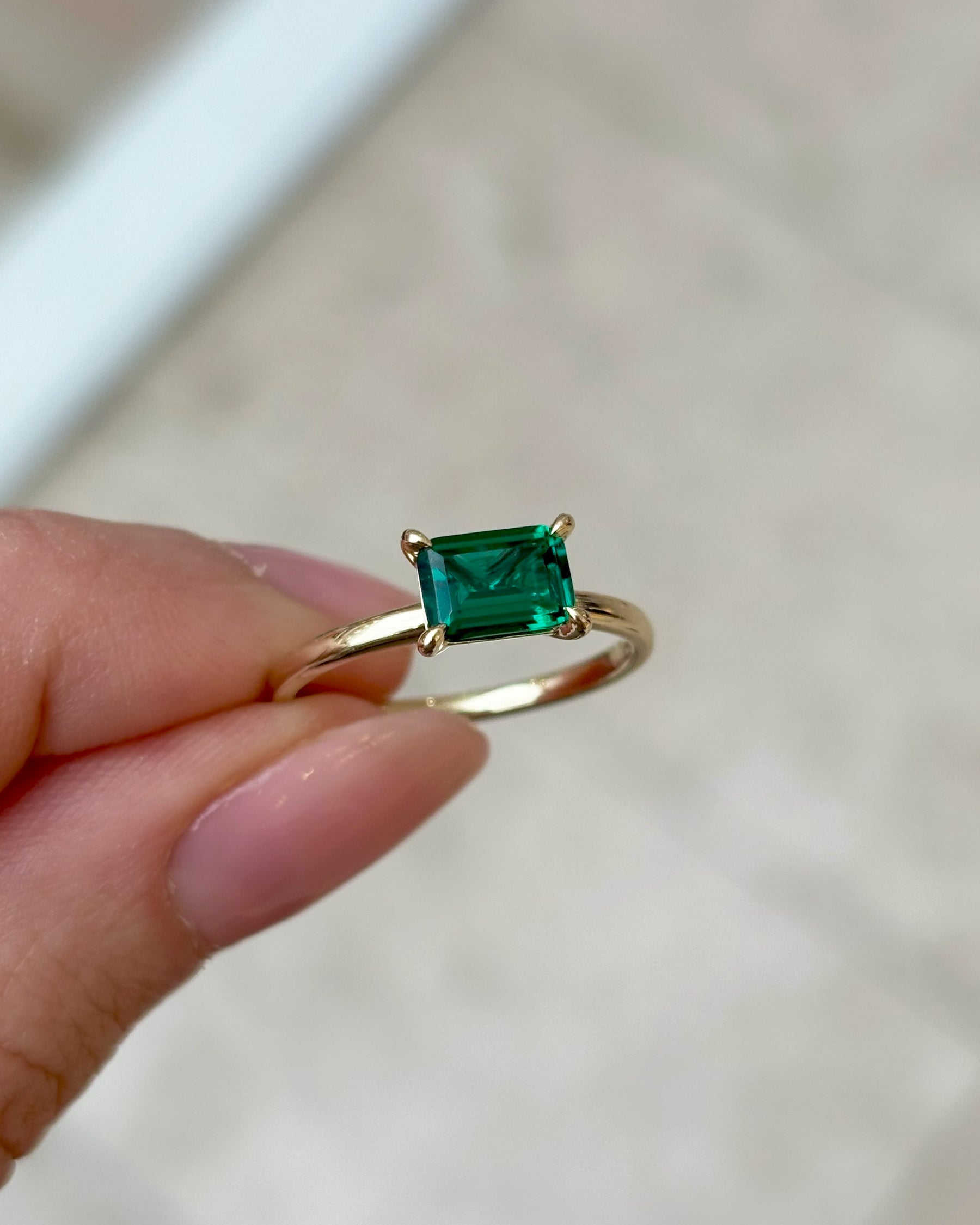 Created Emerald Rectangular Claw Set Ring in 9ct Yellow Gold