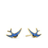 Front-on view of the Wallace Bishop Bluebird of Happiness Stud Earrings in 9ct Yellow Gold with blue enamel, reference 39BB06, each measuring 12 x 7.70mm. Each stud features a small bluebird finished in bright blue enamel.
