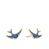 Front-on view of the Wallace Bishop Bluebird of Happiness Stud Earrings in 9ct Yellow Gold with blue enamel, reference 39BB06, each measuring 12 x 7.70mm. Each stud features a small bluebird finished in bright blue enamel.
