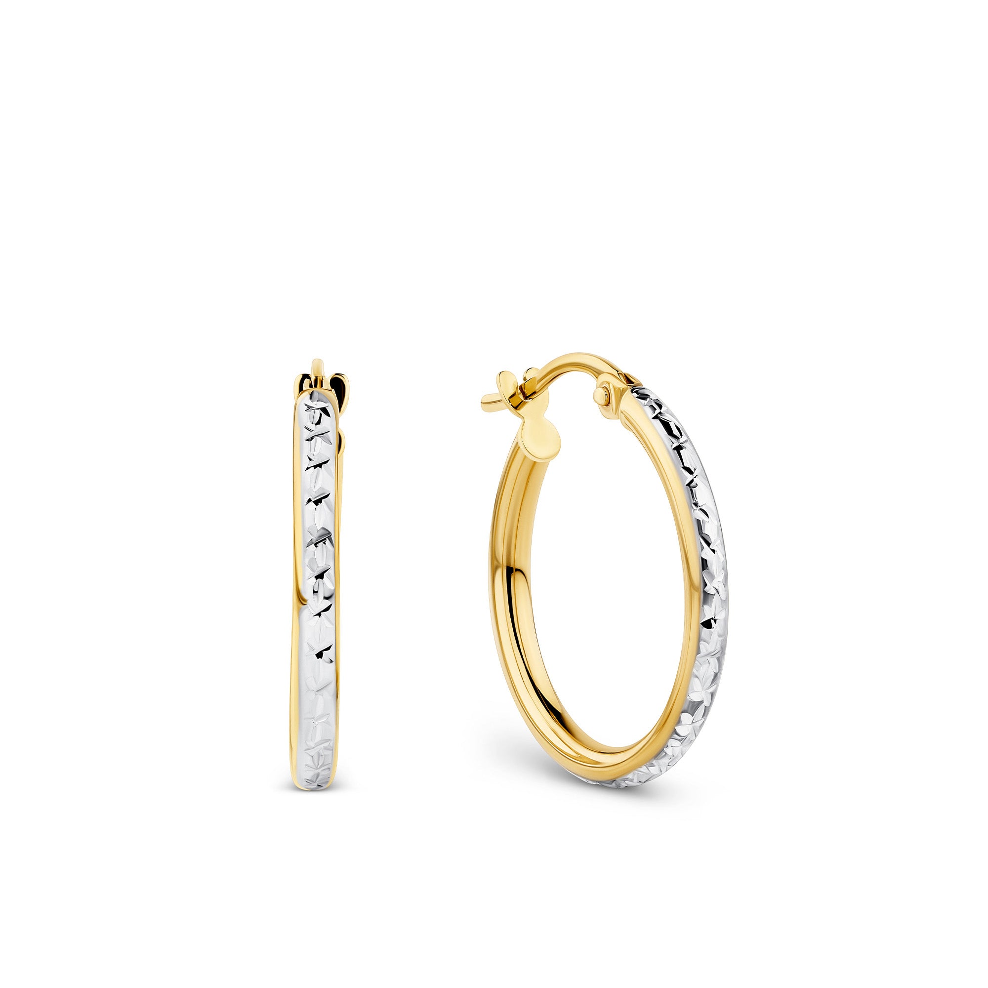 Medium Diamond Cut Hoop Earrings in 9ct Yellow and White Gold