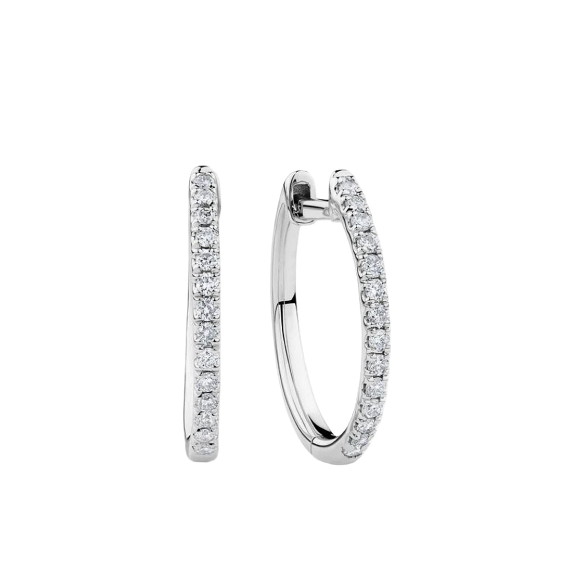 A pair of 9ct white gold hoop earrings shown front on, featuring 36 claw-set round brilliant cut natural diamonds, measuring 19mm in length and 1.5mm in diameter.