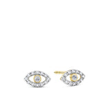 Front-on view of the Wallace Bishop 0.09 TDW Round Diamond Evil Eye Stud Earrings in 9ct Yellow Gold, reference 3EEYE01Y. Each earring features a classic evil eye design pavé set with round natural diamonds.
