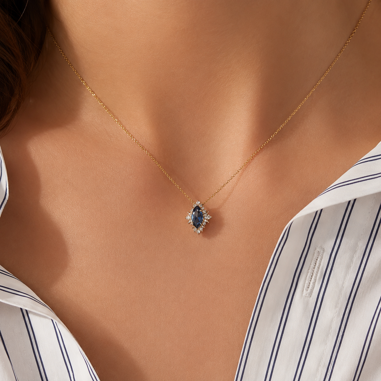 Bluebird™ London Blue Topaz & Diamond Marquise Halo Pendant with Chain in 9ct Yellow Gold