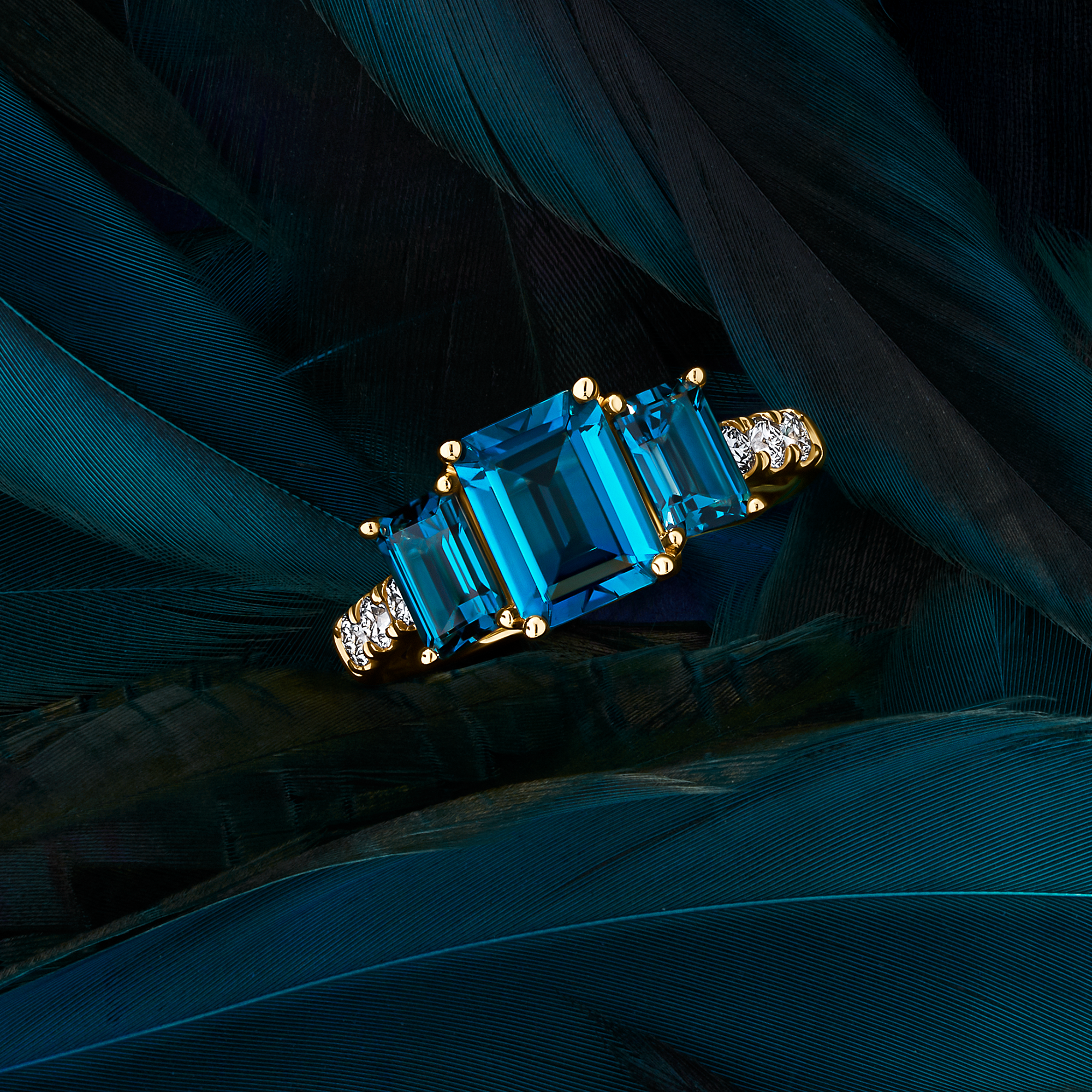 Bluebird London Blue Topaz & Diamond Trilogy Ring in 9ct Yellow Gold