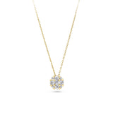 Front-on view of the Wallace Bishop 0.24 TDW Round Diamond Heart Prong Pendant in 9ct Yellow Gold, reference 3PBB239Y, on a cable chain with a parrot clasp. The pendant features a cluster of 9 claw-set natural round diamonds framed by small heart-shaped prong details.