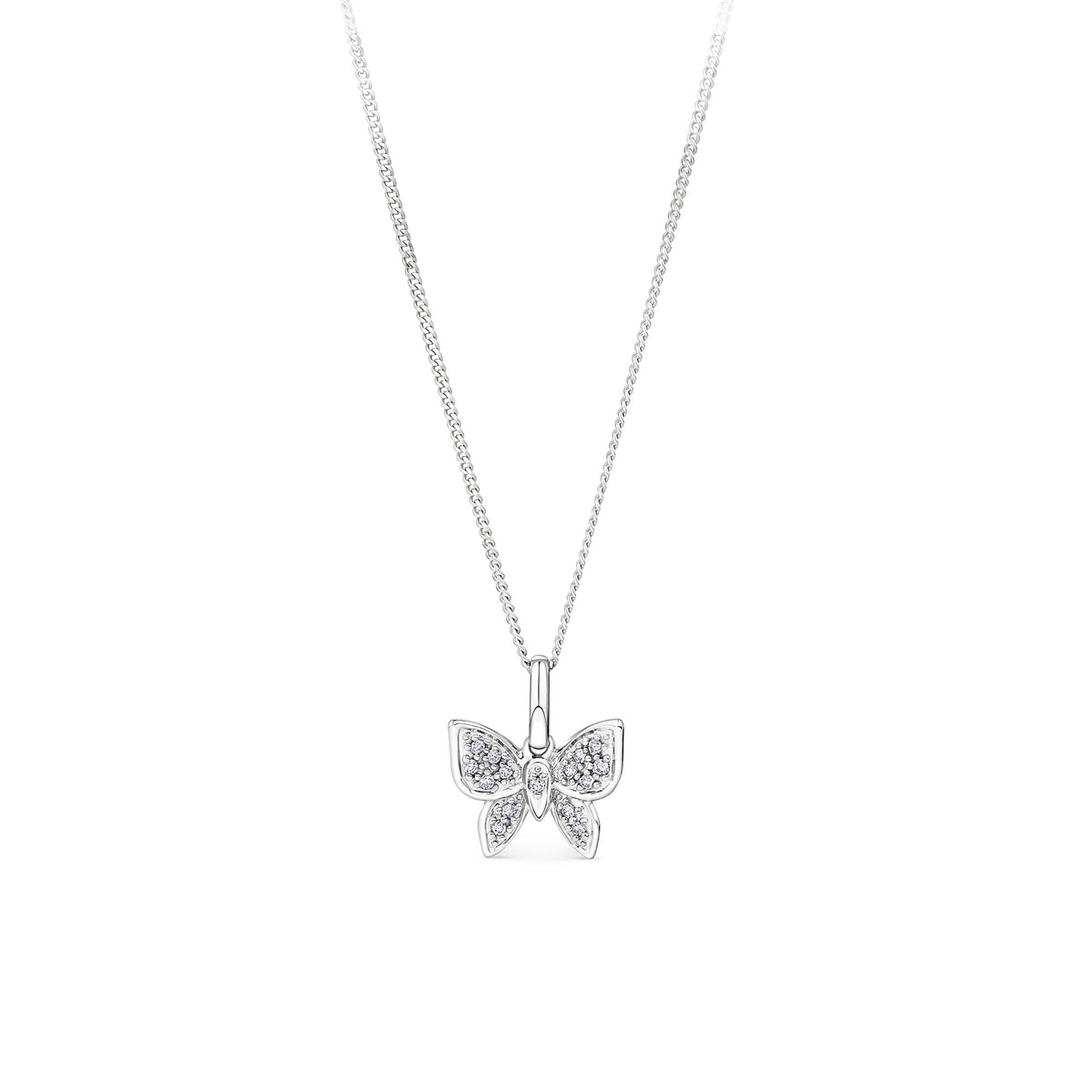 Front-on view of the Wallace Bishop 0.05 TDW Round Diamond Butterfly Pendant in 9ct White Gold, reference 3PBFL01W, measuring 12.50 x 11mm. The pendant features a butterfly design pavé set with 15 round natural diamonds.