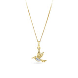 Front-on view of the Wallace Bishop 0.02 TDW Round Diamond Hummingbird Pendant in 9ct Yellow Gold, reference 3PD02BY, measuring 15.70mm in length. The pendant features a hummingbird design accented by two natural round cut diamonds.