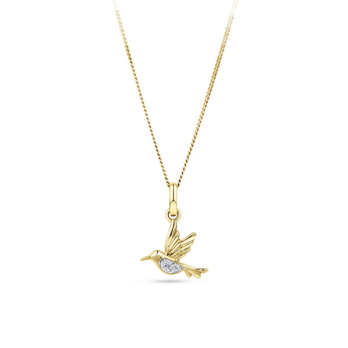 Front-on view of the Wallace Bishop 0.02 TDW Round Diamond Hummingbird Pendant in 9ct Yellow Gold, reference 3PD02BY, measuring 15.70mm in length. The pendant features a hummingbird design accented by two natural round cut diamonds.