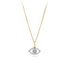 Front-on view of the Wallace Bishop 0.14 TDW Round Diamond Evil Eye Pendant in 9ct Yellow Gold, reference 3PEYE1Y, hanging from a bale. The pendant features a classic evil eye design pavé set with round natural diamonds, measuring 12x7mm, chain not included.