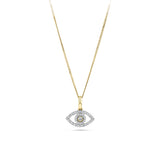 Front-on view of the Wallace Bishop 0.14 TDW Round Diamond Evil Eye Pendant in 9ct Yellow Gold, reference 3PEYE1Y, hanging from a bale. The pendant features a classic evil eye design pavé set with round natural diamonds, measuring 12x7mm, chain not included.