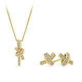 Front-on view of the Wallace Bishop 0.12 TDW Round Diamond Knot Pendant & Earring Gift Set in 9ct Yellow Gold, reference 3UKNOTSET, showing the matching pendant and stud earrings. Both pieces feature a knot design with rows of bead-set round brilliant cut natural diamonds in 9ct yellow gold.