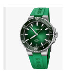 Oris Aquis Date Calibre 400 43.50mm Automatic Watch 01 400 7790 4157-07 4 23 47EB — The stainless steel case with green ceramic unidirectional rotating bezel frames a deep green sunray dial with luminous baton indices and a date window at 6 o’clock. The matching green rubber strap with security folding clasp completes the cohesive diver look.