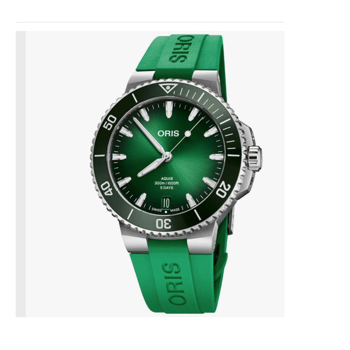 Oris Aquis Date Calibre 400 43.50mm Automatic Watch 01 400 7790 4157-07 4 23 47EB — The stainless steel case with green ceramic unidirectional rotating bezel frames a deep green sunray dial with luminous baton indices and a date window at 6 o’clock. The matching green rubber strap with security folding clasp completes the cohesive diver look.
