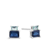 Front-on view of the Wallace Bishop Cubic Zirconia Stud Earrings in Sterling Silver, reference 41ECZD07, secured with a butterfly back. Each earring features a 6x4mm emerald cut light blue cubic zirconia paired with a smaller 4x2.5mm emerald cut mint cubic zirconia.