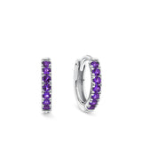 Front-on view of the Wallace Bishop Cubic Zirconia Huggies in Sterling Silver, reference 41ECZP88, with a 10mm hoop and 1.8mm width. The huggies feature a classic claw-set line of round purple cubic zirconias in polished sterling silver.