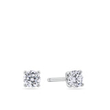 Front-on view of the Wallace Bishop Cubic Zirconia Earrings Bauble Gift Set in Sterling Silver, reference 41GIFT261, with the pair of 4mm round cubic zirconia stud earrings shown outside the gift box. Each earring features a clear, colourless stone set in sterling silver.
