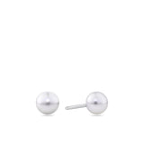 Front-on view of the Wallace Bishop Freshwater Pearl Earrings Bauble Gift Set in Sterling Silver, reference 41GIFT262, with the pair of 5.50mm freshwater pearl earrings shown outside the gift box. Each earring features a round white freshwater pearl set in sterling silver.