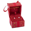 Front-on view of the Wallace Bishop Freshwater Pearl Earrings Bauble Gift Set in Sterling Silver, reference 41GIFT262, shown in a red gift box with gold snowflake details and a red ribbon. The set features a pair of 5.50mm round freshwater pearl earrings.