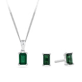Front-on view of the Wallace Bishop Cubic Zirconia Earrings & Pendant Bauble Gift Set in Sterling Silver, reference 41GIFT263, with the 12mm pendant and the pair of 5.65mm earrings shown outside the gift box. Each piece features a green emerald-cut cubic zirconia.