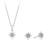 Front-on view of the Wallace Bishop Cubic Zirconia Star Earrings & Pendant Bauble Gift Set in Sterling Silver, reference 41GIFT264, with the star pendant on its 500mm chain and the pair of star earrings shown outside the gift box. The 15mm pendant and 7mm earrings are pavé set with colourless round cubic zirconias.