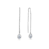 Front-on view of the Wallace Bishop Cubic Zirconia Bezel Threader Earrings in Sterling Silver, reference 41PSBCZE1, with the fine chain threaded through the ear. The design features a bezel-set pear cut white cubic zirconia drop measuring 6x4mm.