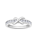 Front-on view of the Wallace Bishop Cubic Zirconia Crossover Ring in Sterling Silver, reference 41RCZ023O, featuring an infinity symbol on a polished silver band. The band is channel set with 12 round white cubic zirconias running along either side of the crossover design.