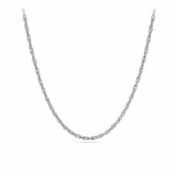 50cm Singapore Chain in Sterling Silver — This twisted rope-style chain sits at 2mm wide with a bright, reflective sterling silver finish. The 50cm (19.7 inch) length is shown lying flat, showcasing its even, symmetrical link pattern from end to end.