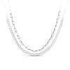 Front-on view of the Wallace Bishop Two-Layer Necklace in Sterling Silver, reference 44KA2582, measuring 500mm in length with a parrot clasp. The solid link necklace pairs a flat herringbone chain with a paperclip link chain.