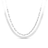 Front-on view of the Wallace Bishop Two-Layer Necklace in Sterling Silver, reference 44KA2582, measuring 500mm in length with a parrot clasp. The solid link necklace pairs a flat herringbone chain with a paperclip link chain.