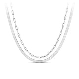 Front-on view of the Wallace Bishop Two-Layer Necklace in Sterling Silver, reference 44KA2582, measuring 500mm in length with a parrot clasp. The solid link necklace pairs a flat herringbone chain with a paperclip link chain.