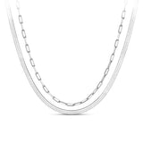 Front-on view of the Wallace Bishop Two-Layer Necklace in Sterling Silver, reference 44KA2582, measuring 500mm in length with a parrot clasp. The solid link necklace pairs a flat herringbone chain with a paperclip link chain.